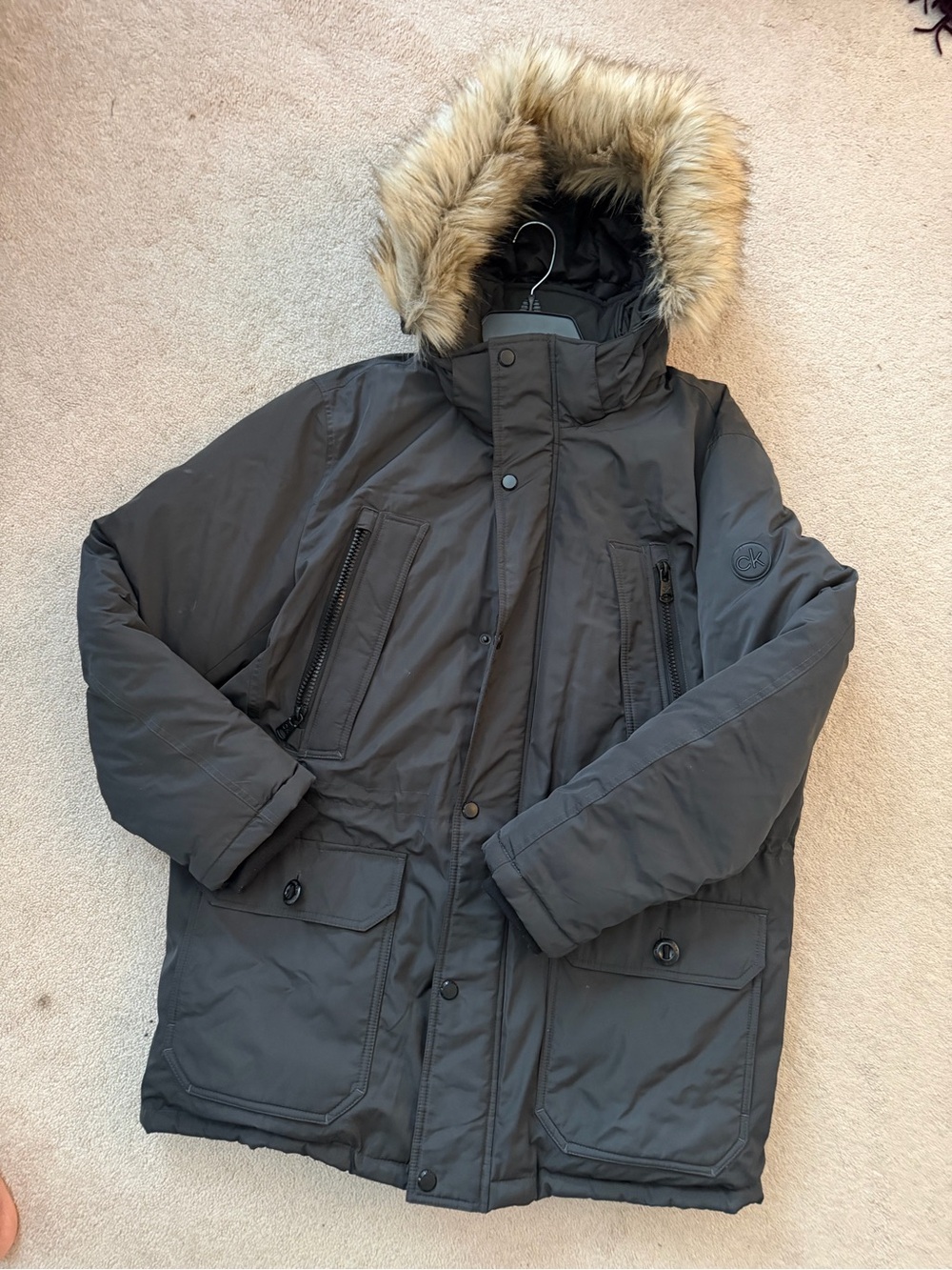 Men's Calvin Klein Heavyweight Parka Jacket with Faux Fur Detachable Hood Large